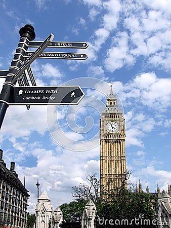 Vertical shot of road signs and the Big Ben under a blue cloudy sky in London, England Editorial Stock Photo