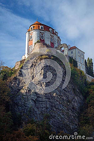 Vertical shot of the royal Castle of Vranov Nad Dyji on a rocky mountain in Czech Republic Stock Photo