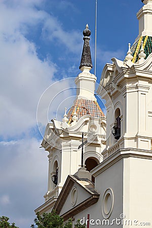 Vertical shot of the Sanctuary of Our Lady of the Holy Fountain in Spain against the blue sky Stock Photo
