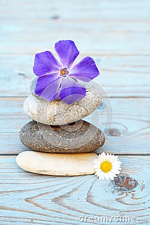 Vertical shot of a stack of rocks with a purple periwinkle flower on top and a daisy flower Stock Photo