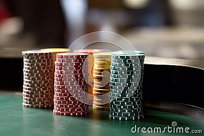 Vertical shot stacks poker chips table Stock Photo