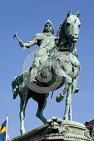 Vertical shot of the statue of Charles IX on horseback in Gothenburg, Sweden Stock Photo