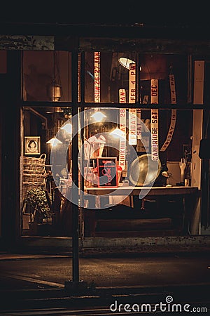 Vertical shot of the store from the outside at night in Ponsonby, Auckland, New Zealand Editorial Stock Photo