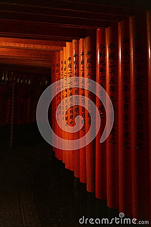 Vertical shot of the torii gates tunnel Stock Photo