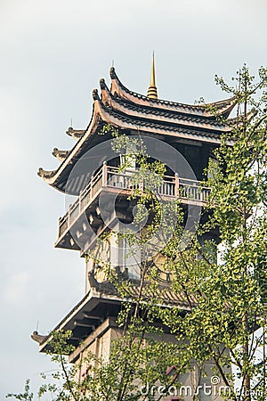 Vertical shot of a traditional building and a tree in the foreground in Meishan, Sichuan, China Stock Photo