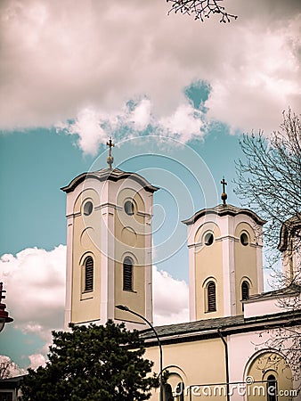 Vertical shot of the two domes of the Church of the Holy Rapture in Serbia Stock Photo