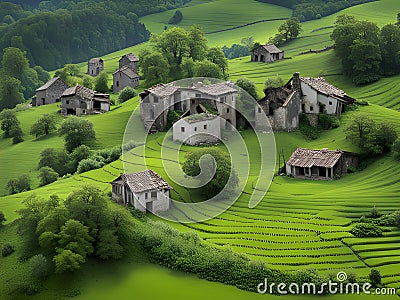 a vertical shot of a wooden house in the middle of the green forest, Ai Generated Stock Photo