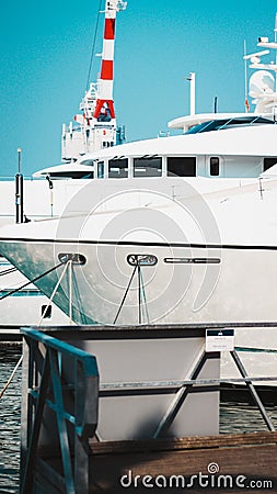 Vertical shot of a yacht nose in Tivat, Montenegro Stock Photo