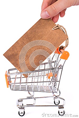 Vertical side profile close up view photo of woman`s hand arm taking pricetag from empty cart isolated on white background copysp Stock Photo