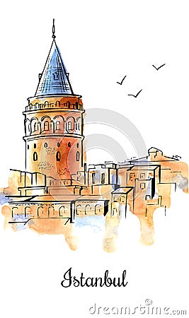 Vector watercolor illustration with Galata tower Vector Illustration