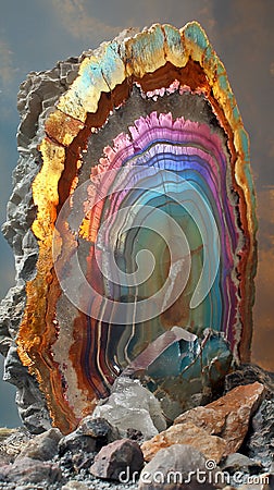 A vertical slice of a vibrant geode displaying vivid, colorful layers of crystalline structure with a rough, natural outer surface Cartoon Illustration