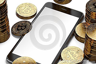 Vertical smartphone display with space for random design surrounded by Bitcoin piles. Stock Photo