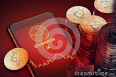 Vertical smartphone with Ethereum decline chart symbol on-screen among piles of Ether. Editorial Stock Photo