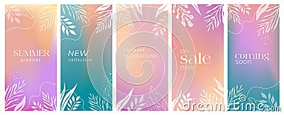 Vertical social media summer story design templates with copy space for text. Soft color gradient and tropical leaves Vector Illustration