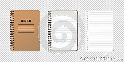 Vertical spiral spring notepad with space for your image or text on transparent background in three variations. Lined sheet. Vector Illustration
