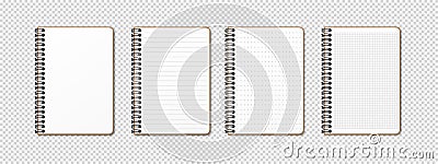 Vertical spiral spring realistic notepad on transparent background. Lined, gridded, checkered grid, dotted and empty blank sheets Vector Illustration