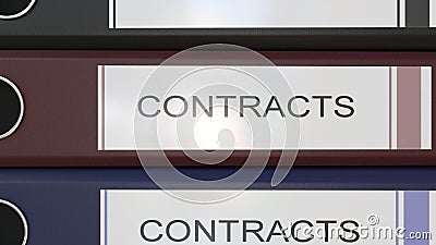 Vertical stack of multicolor office binders with Contracts tags 3D rendering Stock Photo