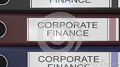 Vertical stack of multicolor office binders with Corporate finance tags 3D rendering Stock Photo