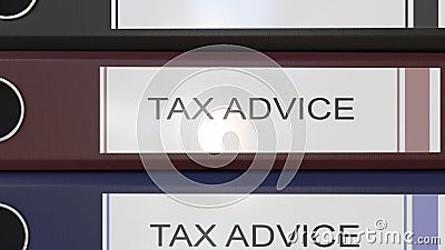 Vertical stack of multicolor office binders with Tax advice tags 3D rendering Stock Photo