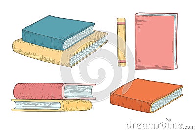 Vertical stack of old historical books in hardbacks with bookmarks isolated on white background. Pile of ancient Vector Illustration