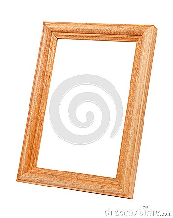 Vertical standing empty ginger wooden frame for photo or painting isolated on white background Stock Photo