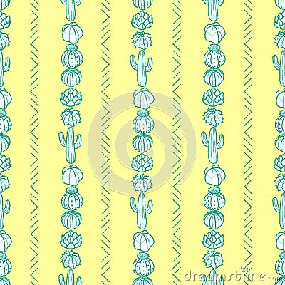 Vertical striped style of cactus and succulents in green outline Vector Illustration