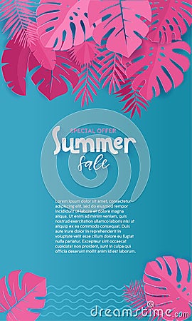 Vertical Summer Sale paper cut Background with Palm, monstera, banana pink Leaves with place for your text.Trendy Jungle banner. Stock Photo