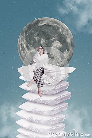 Vertical surreal art photo collage of young sleepy woman in pajamas sitting on huge stack of pillows wrapped in blanket Stock Photo