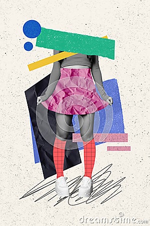 Vertical surreal composite picture collage photo of cropped woman legs paper texture skirt fashion outfit on drawing Stock Photo