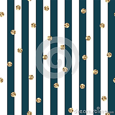 Teal and White Stripes With Gold Polka Dots Seamless Pattern Vector Illustration
