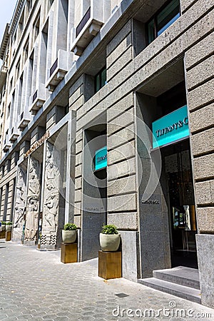 Vertical of Tiffany and Co store in Passeig de Gracia avenue, Barcelona, Catalonia, Spain. Editorial Stock Photo