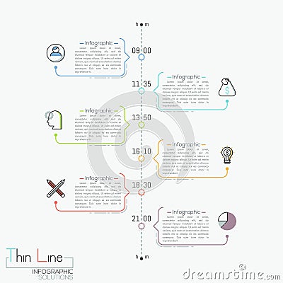 Vertical timeline with time indication, pictograms and text boxes Vector Illustration