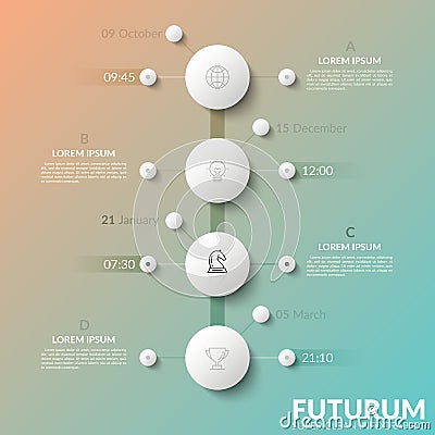 Vertical timeline with 4 white round elements, date and time indication, thin line icons and text boxes. Concept of tree Vector Illustration