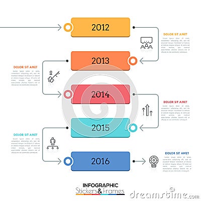 Vertical timeline. Year indication inside five rectangular elements connected by arrows. Vector Illustration