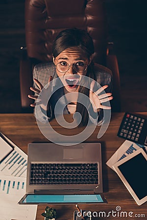 Vertical top above high angle view photo tired she her business lady work day night stressed hard week need rest relax Stock Photo