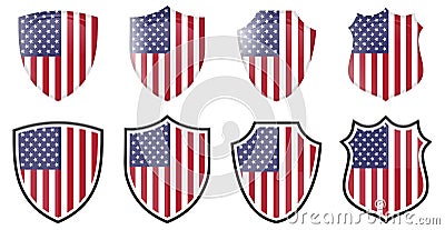 Vertical USA flag in shield shape, four 3d and simple versions. American icon / sign. Vector Illustration