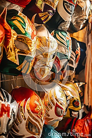 Vertical of various Mexican lucha libre masks Stock Photo