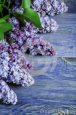 Vertical version lilac flowers on vintage colored wood boads Stock Photo