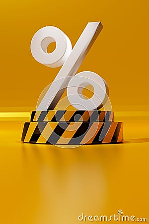 Vertical view of the 3D rendered percent icon over the yellow-striped display Stock Photo