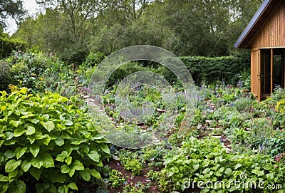 Vertical view of a diverse permaculture garden integrating both flora and fauna. AI generated. Stock Photo