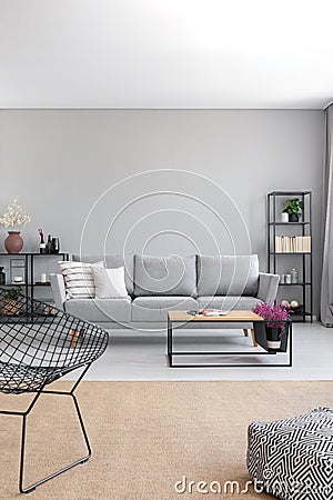 Vertical view of elegant grey living room, real photo with copy Stock Photo