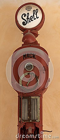 Vertical view of a historic old truck fuel pump at an old and defunct Shell gas station in Kokkola Editorial Stock Photo