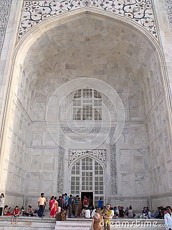 Vertical view of one of the entrances of the Taj Mahal white marble mausoleum Editorial Stock Photo