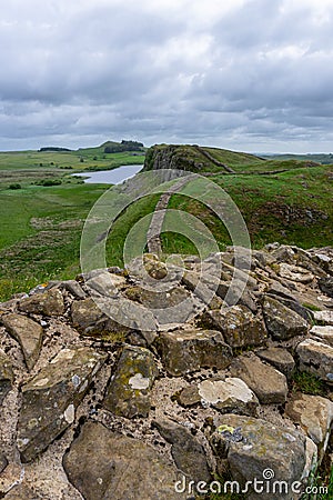 Vertical view of remnants of Hadrian`s Wall near Steel Rigg in northern England Stock Photo