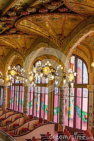 Vertical view of the theatrical setting vintage interior of Palau de la Musica in Barcelona Editorial Stock Photo