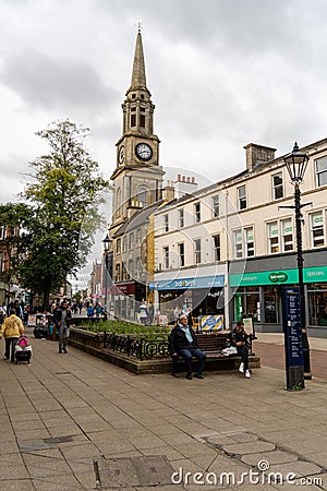 A vertical view of the town centre, including the clock tower in Falkirk, Scotland, UK Editorial Stock Photo