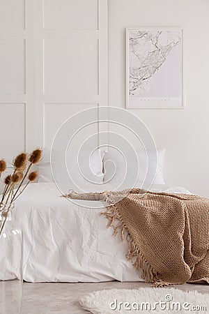 Vertical view of white bedroom interior, real photo Stock Photo