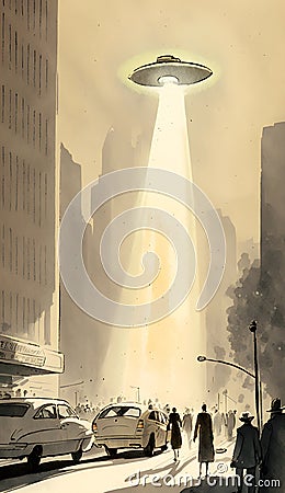 vertical vintage illustration of a UFO using its laser beam in the city center causing curiosity among people and blocking traffic Cartoon Illustration