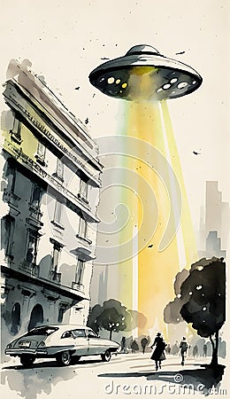 vertical vintage illustration of a UFO using its laser beam in the city center causing curiosity among people and blocking traffic Cartoon Illustration