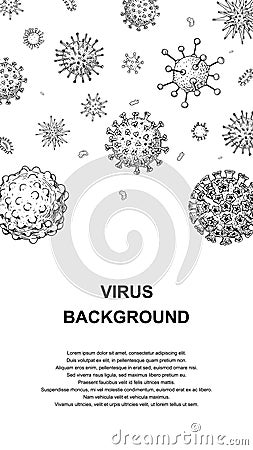 Vertical virus design with hand drawn elements for banners, social media stories, cards, leaflets. Microscope virus close up. Vector Illustration